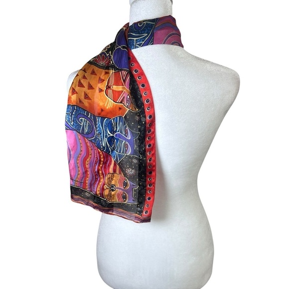 Vintage Laurel Burch Feline Family Portrait Cat Scarf 100% Silk Beaded Sequins - Picture 8 of 8